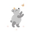 Cute bear cub in a crown with a butterfly. Childish vector cartoon illustration. Pastel tender colors.